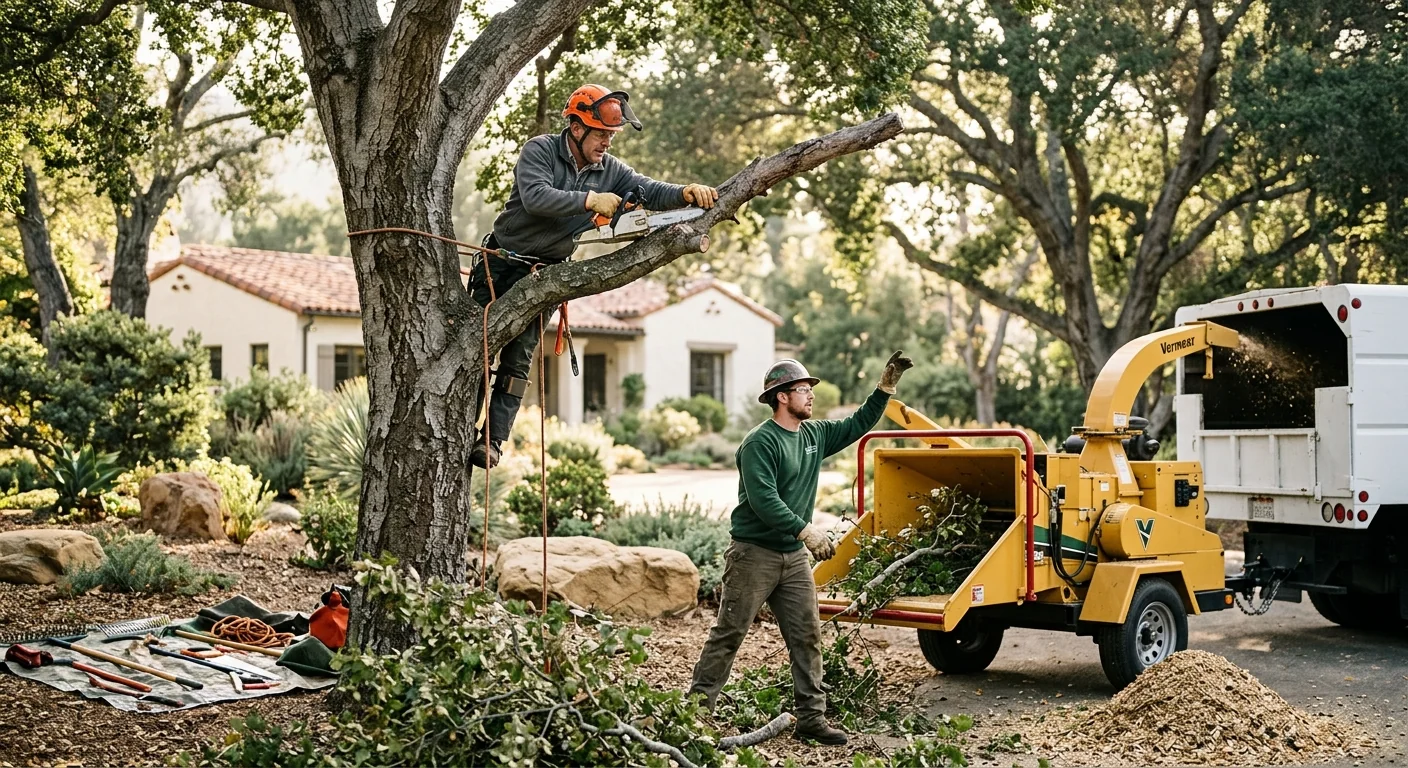 Tree removal crew assessing a large oak beside a Montecito hillside home