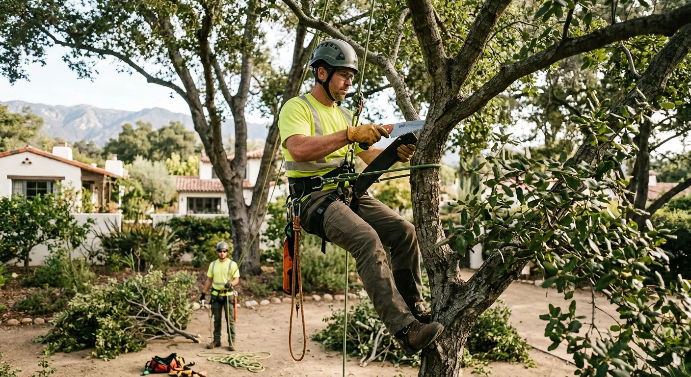 Arborist felling a large tree in a residential Montecito backyard near homes