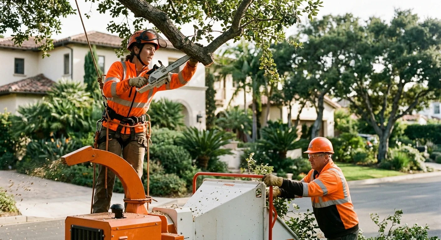 Arborist crew sectionally dismantling a large tree on a Montecito residential property