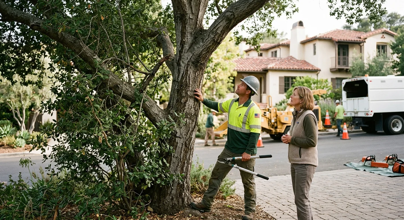 Leaning storm-damaged tree threatening a home in a Montecito neighborhood