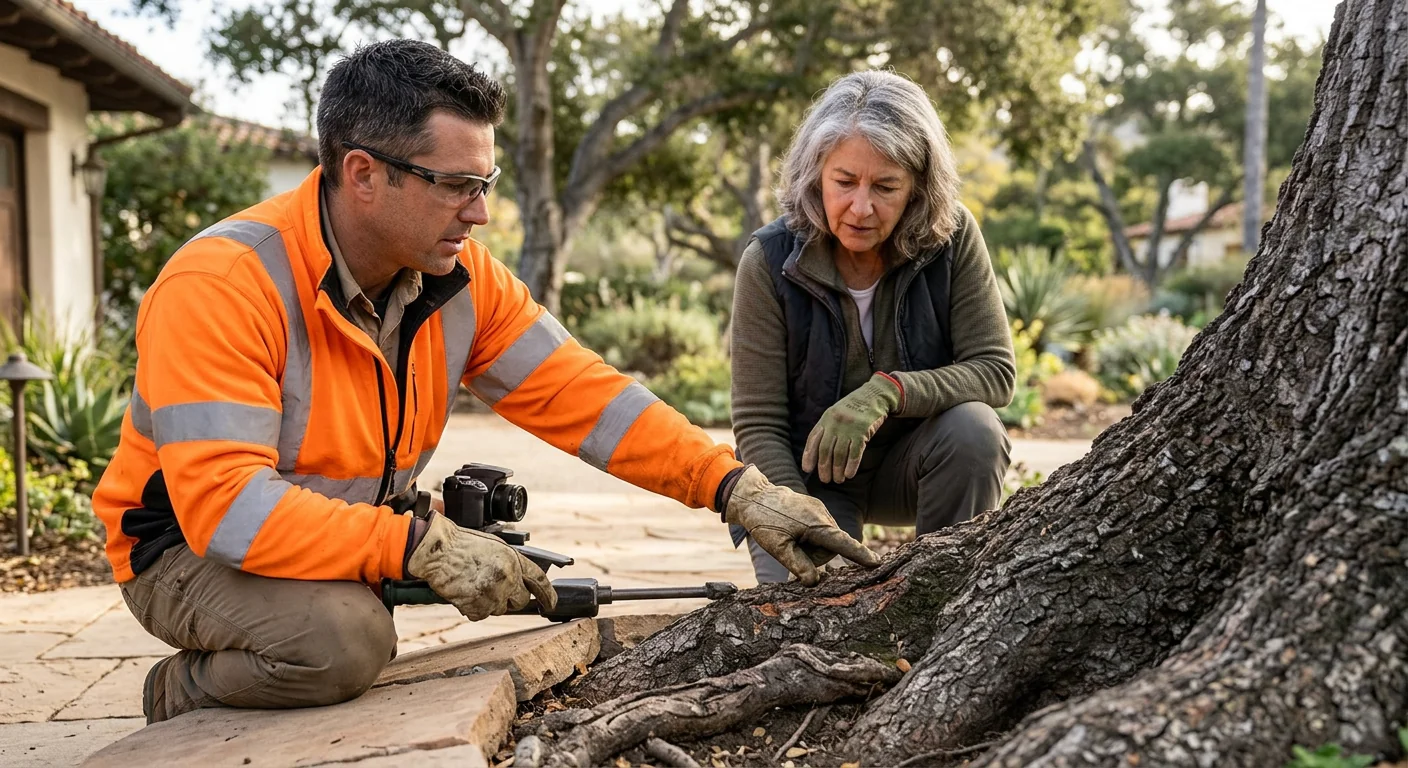 Arborist inspecting trunk decay and root heave before a tree removal