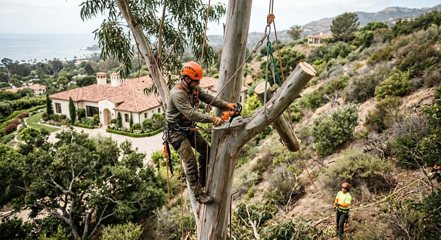 Climber sectioning a tall eucalyptus with rigging lines above a Montecito hillside home