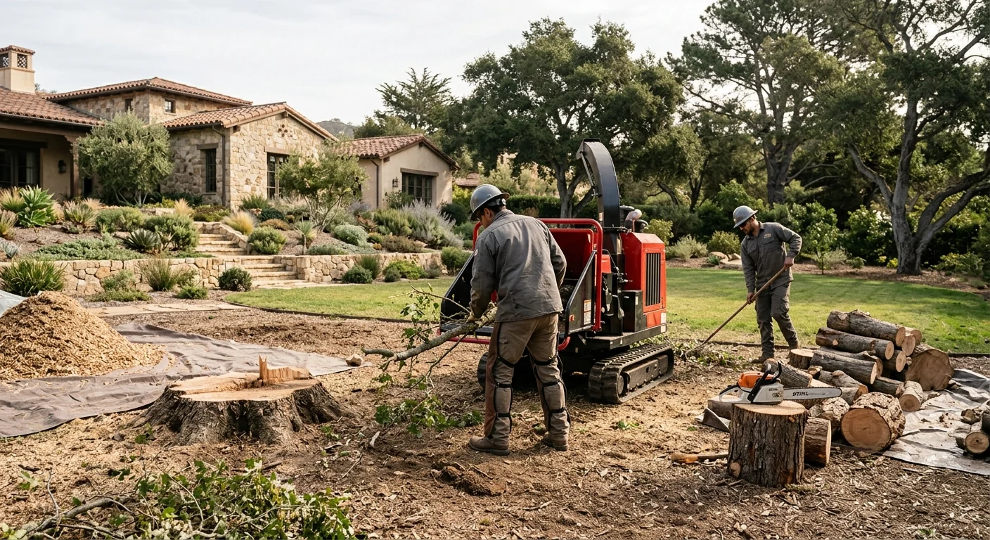 Wide view of a cleared backyard after removing a storm-damaged oak in Montecito