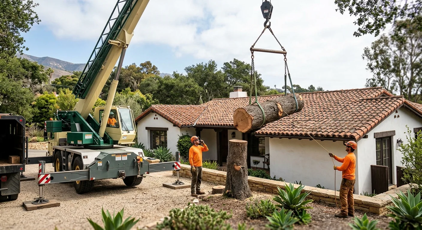 Crane lifting a heavy trunk section over a tile roof on a residential lot