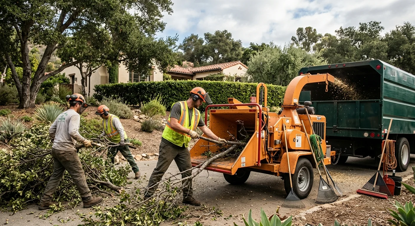 Crew feeding branches into a wood chipper during brush cleanup on site