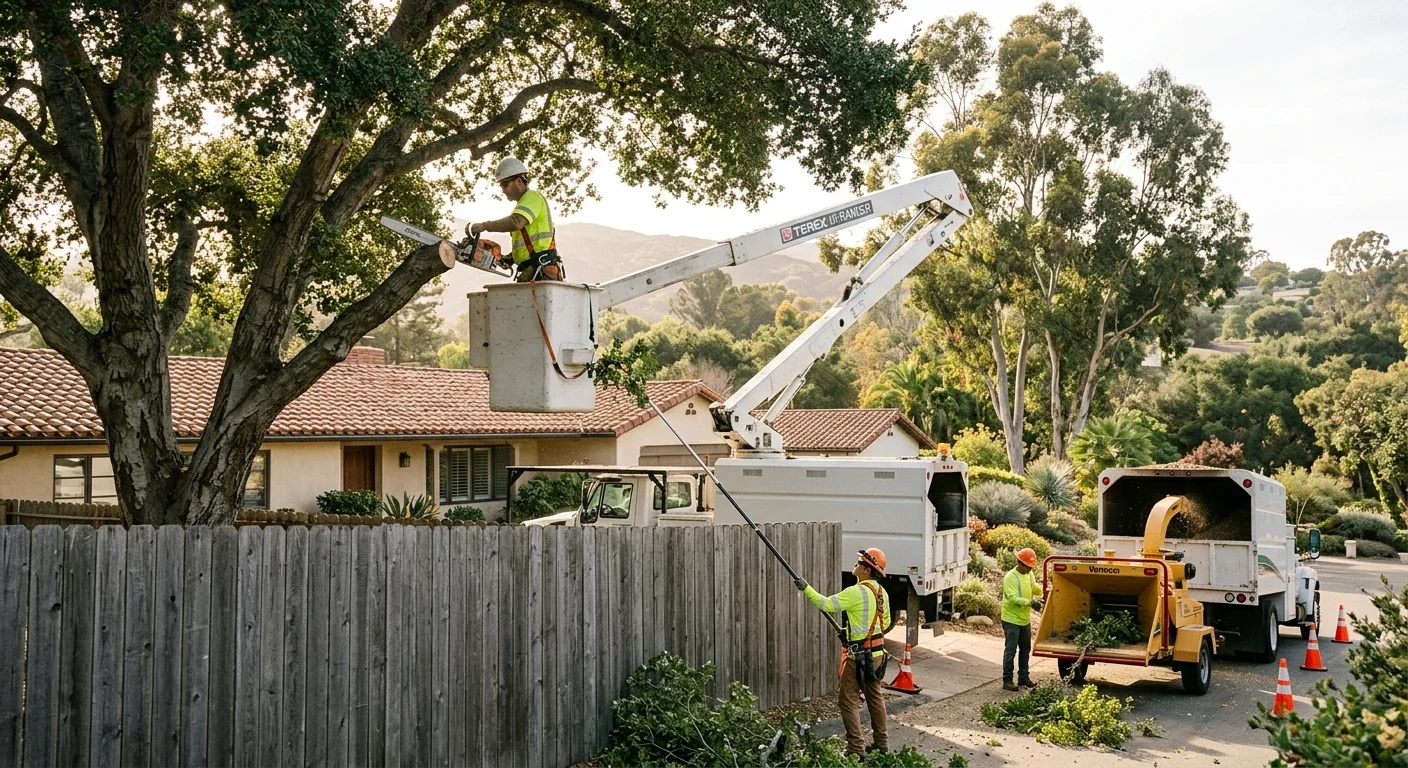 Bucket lift positioned to remove upper canopy limbs along a shared fence line