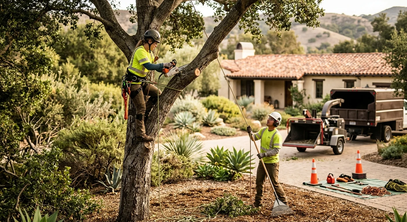 Arborist inspecting a mature oak trunk during a tree risk assessment in Montecito