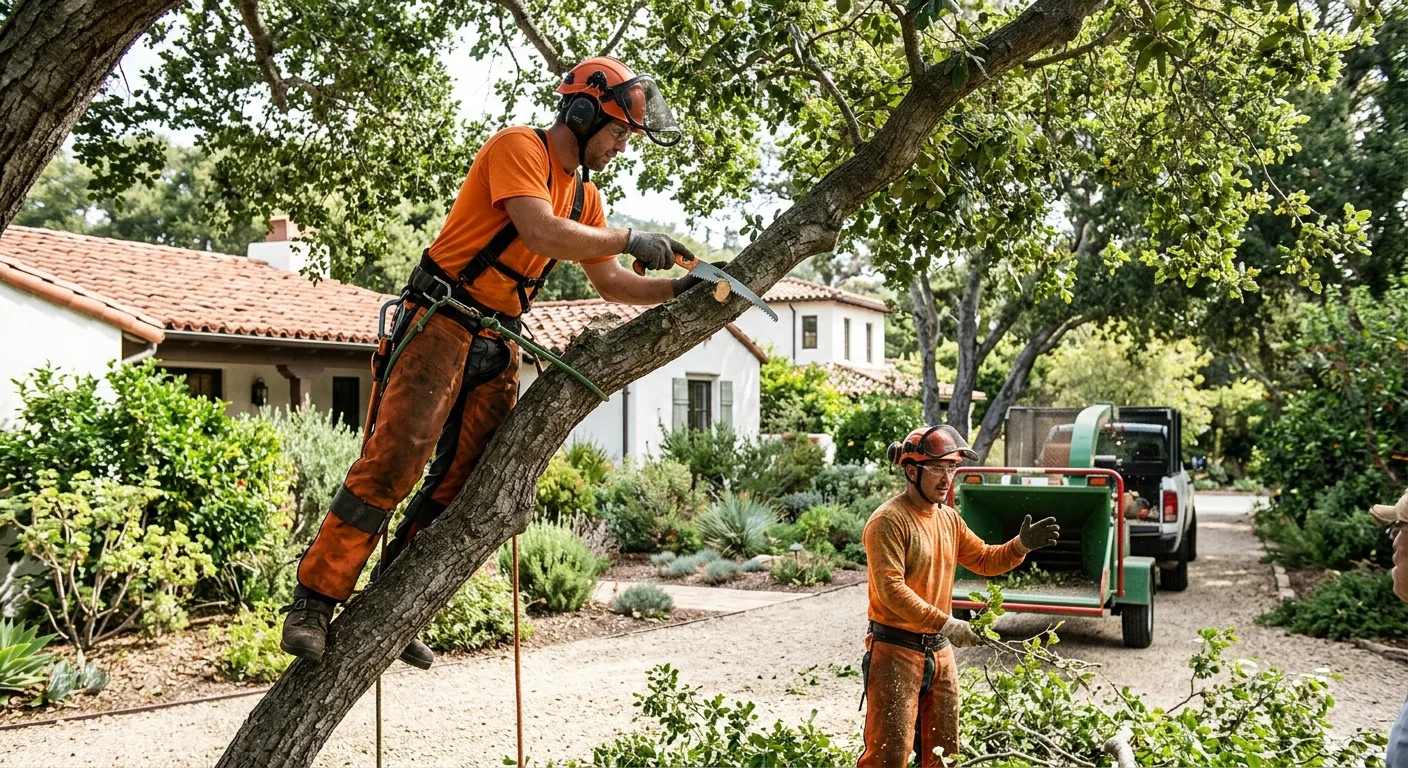Arborist inspecting a mature oak during a tree risk assessment in Montecito