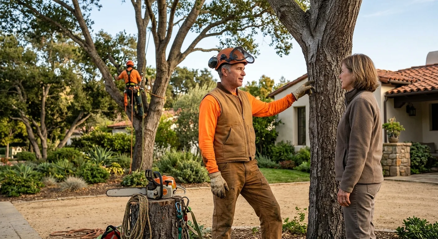 Arborist inspecting a mature oak for structural defects on a Montecito hillside property