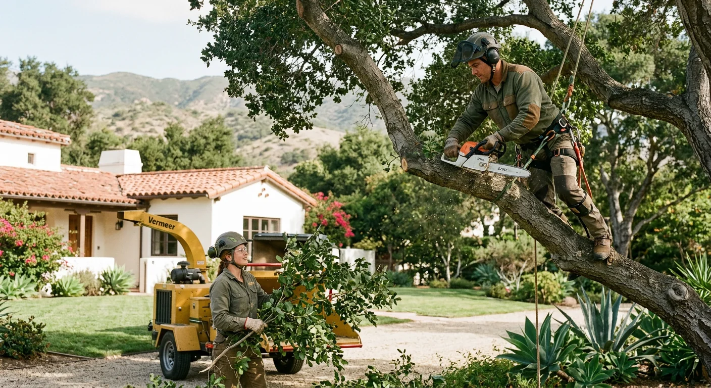Arborist inspecting a mature oak canopy on a Montecito hillside property