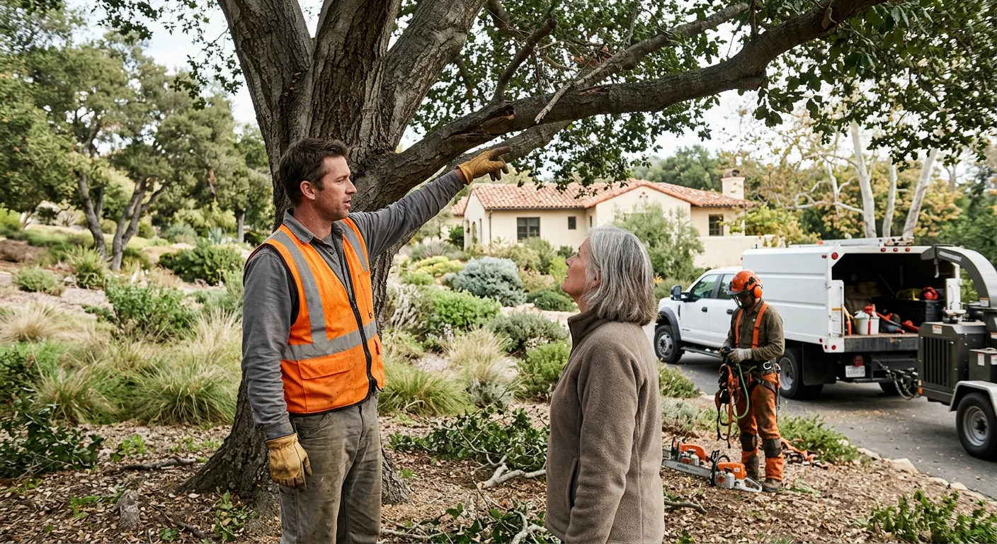 Leaning trunk with visible cracks near a Montecito home driveway