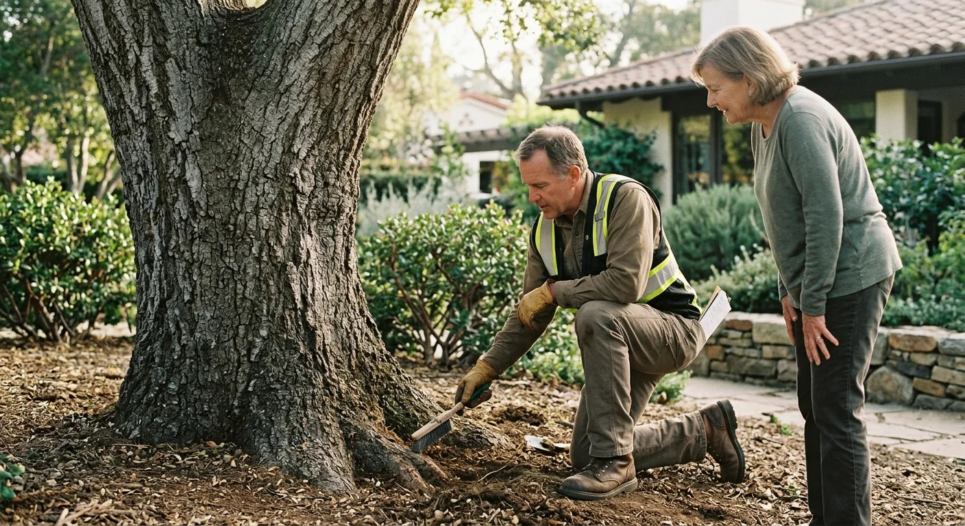 Arborist examining root flare of a mature oak on a residential Montecito property