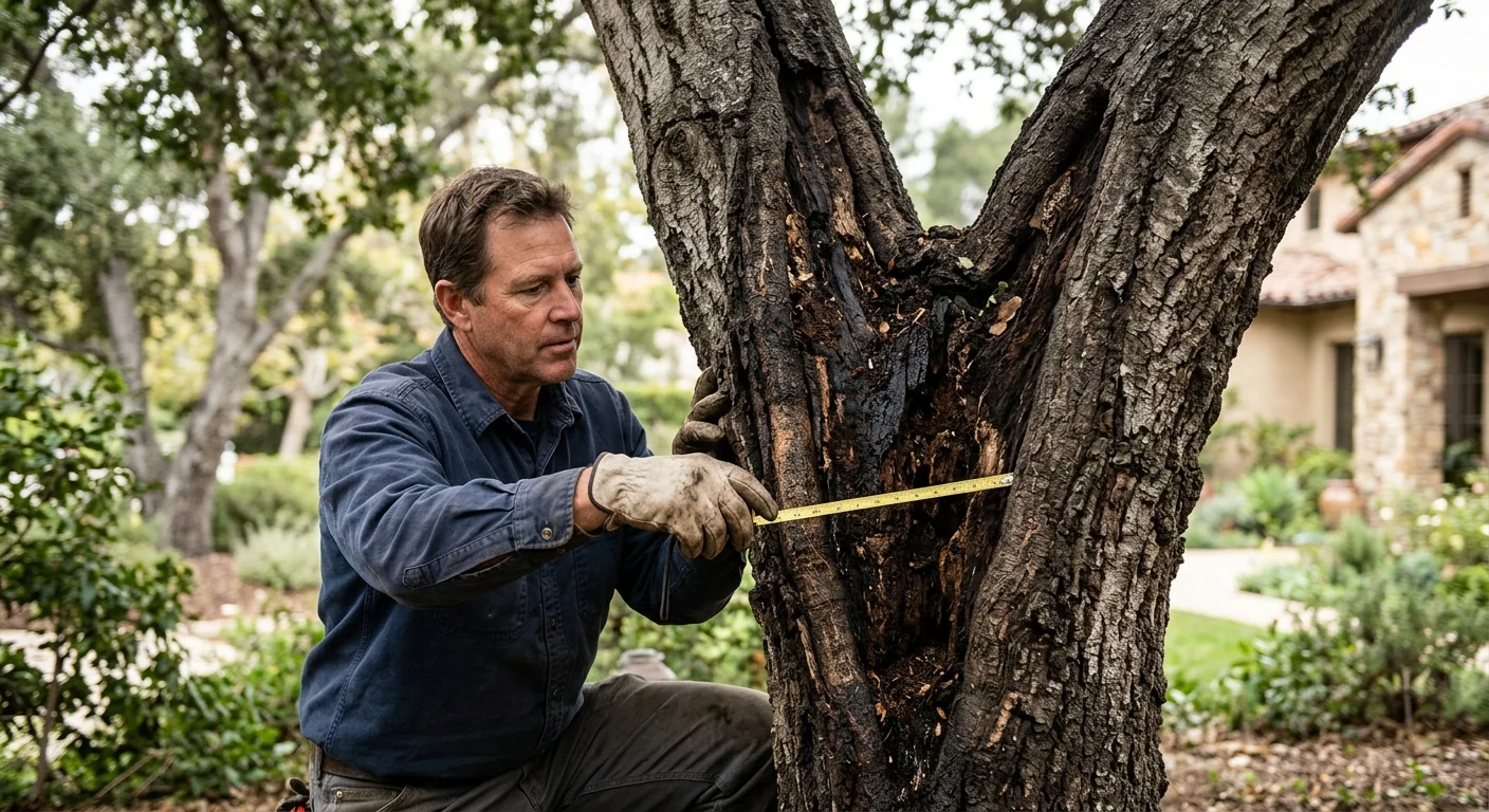 Close-up of trunk decay and included bark noted during a structural inspection
