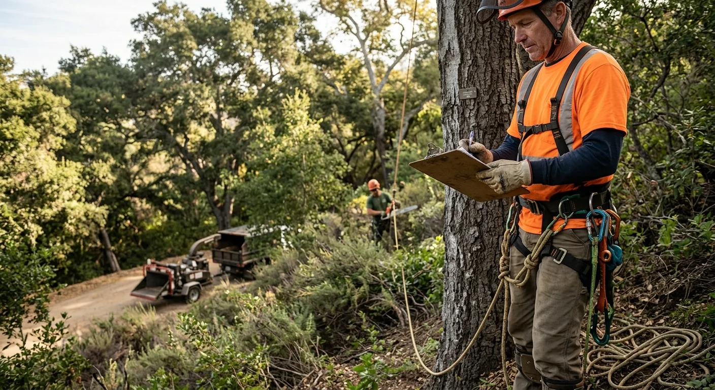 Technician documenting tree risk ratings on a clipboard beside a hillside canopy
