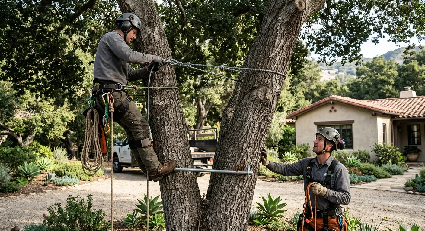 Cabling and bracing hardware supporting a co-dominant stem on a large tree
