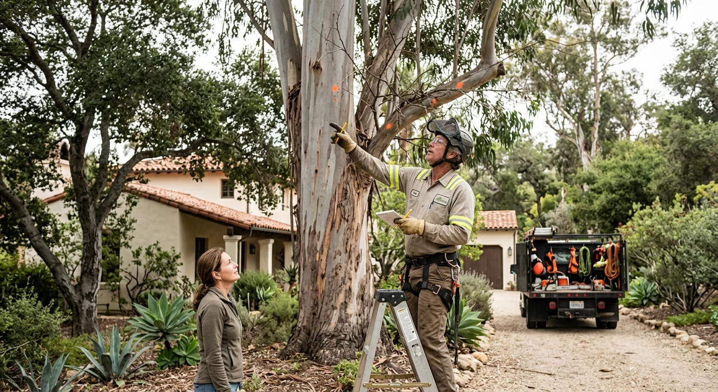 Deadwood removal recommendation marked on a towering eucalyptus near a home