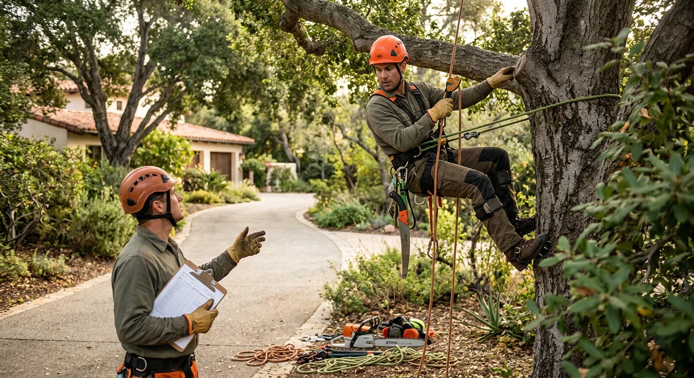 Local tree care crew reviewing canopy health on a Montecito hillside property