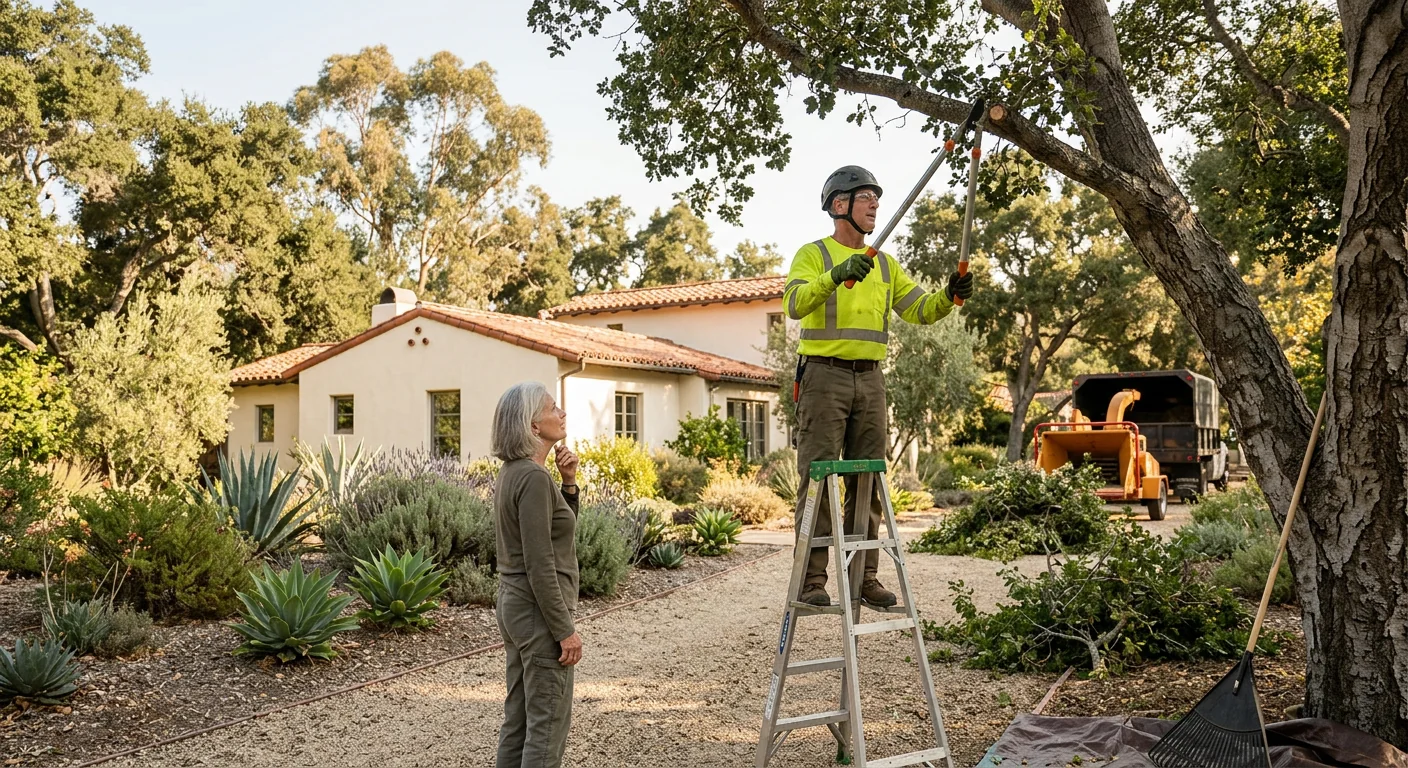 Arborist inspecting a mature tree canopy during a routine Montecito property visit