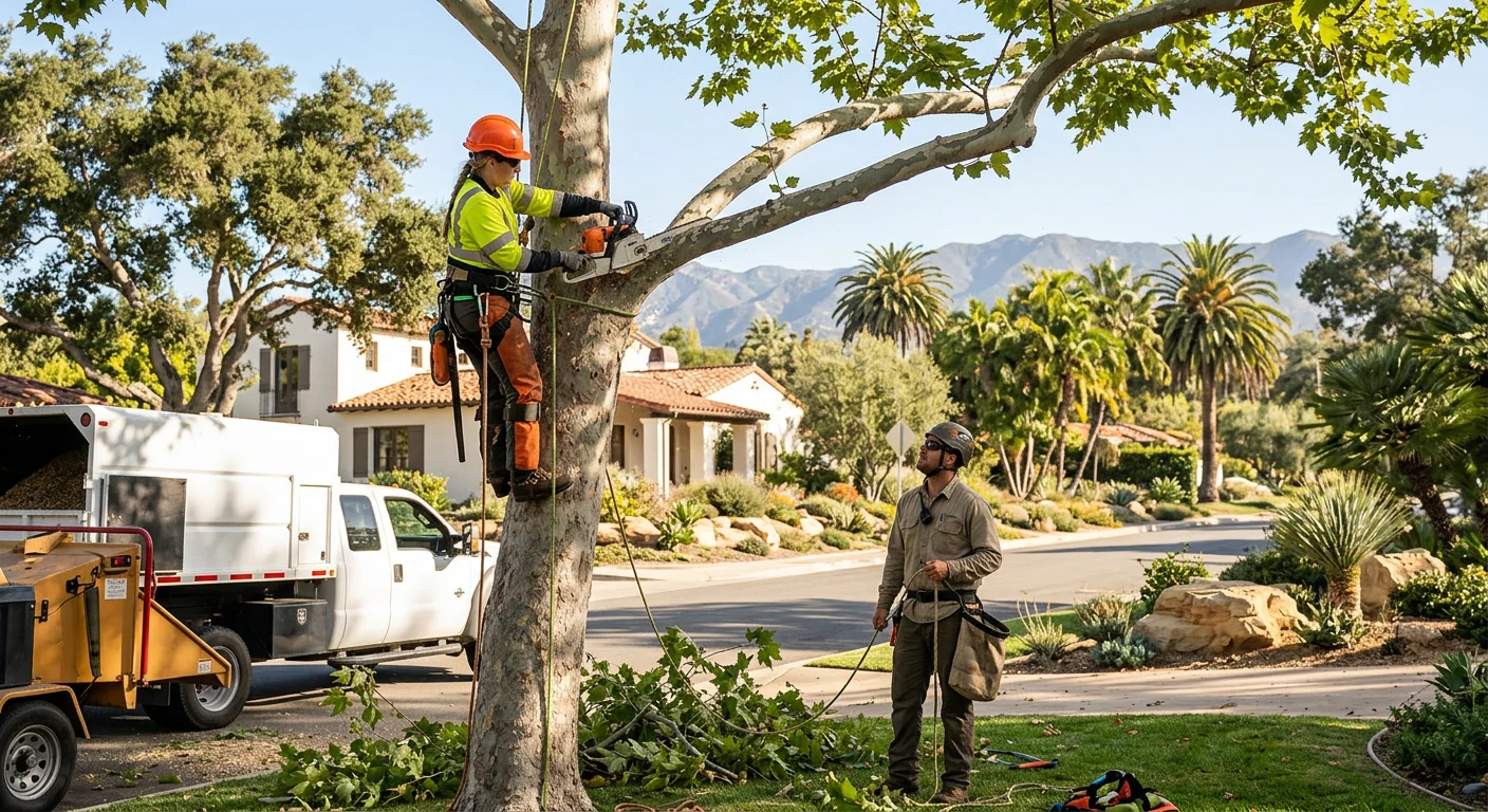 Arborist reviewing a Montecito property before scheduling seasonal tree trimming work