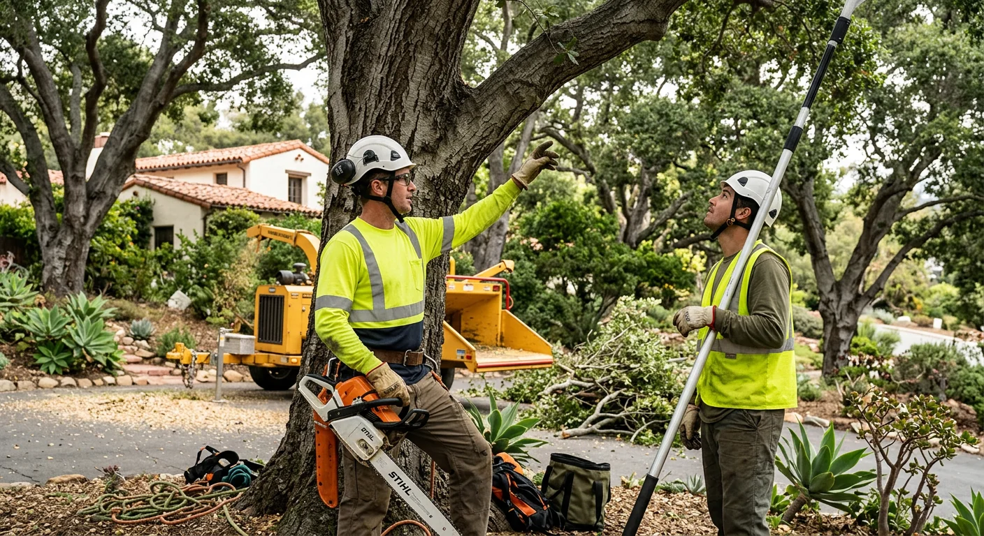 Tree crew reviewing a completed pruning job with a Montecito homeowner