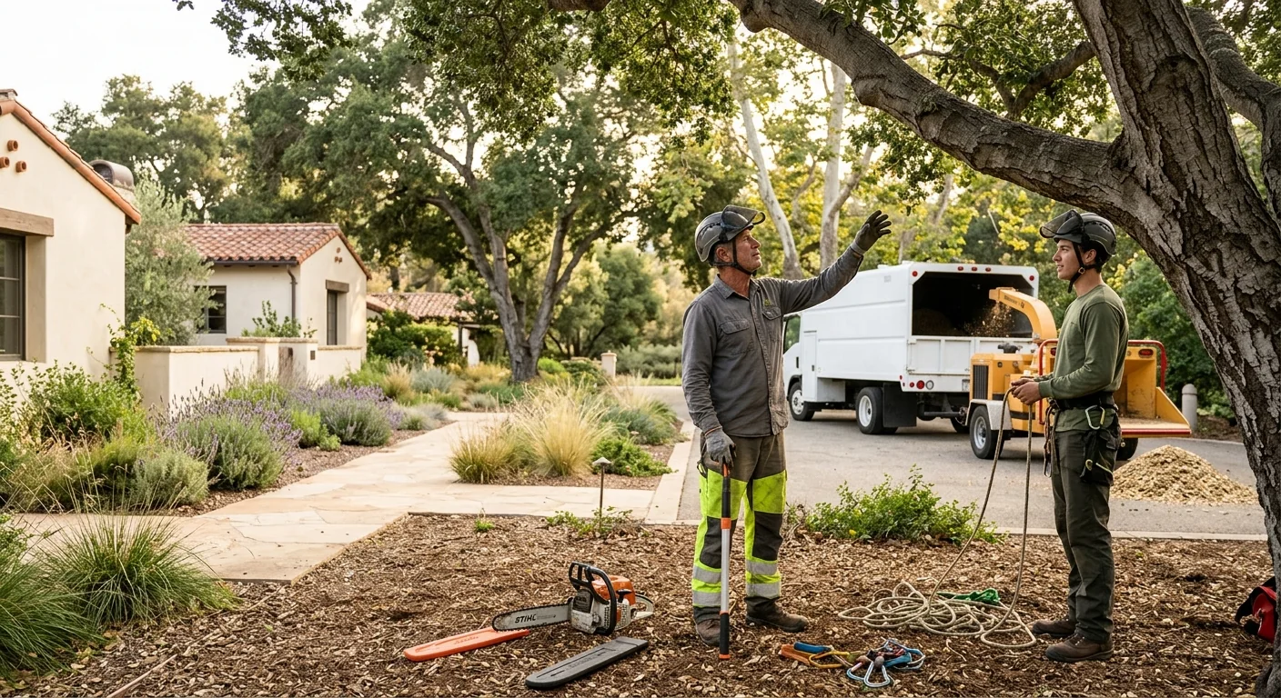Arborist reviewing a shaded Montecito yard before seasonal tree care visit