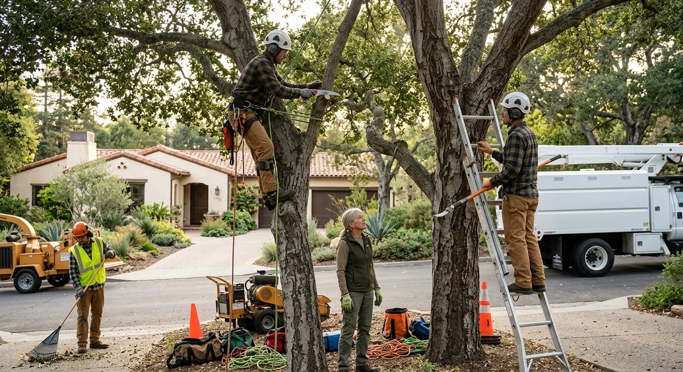 Tree crew gear staged on a sloped Montecito property near mature oaks