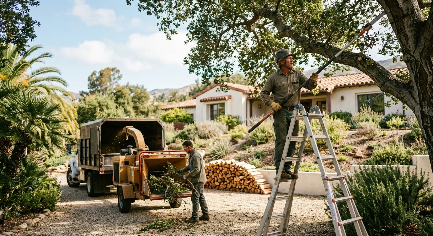 Arborist reviewing tree care plan with a homeowner outside a Montecito property