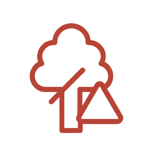 Line icon of a leaning tree beside a house