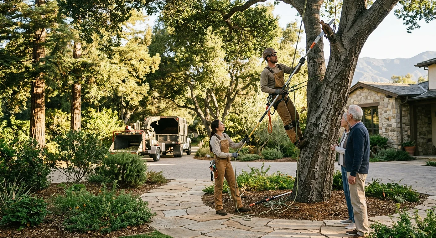 Climbing harness, chainsaw, ropes, and helmet arranged neatly for tree service safety