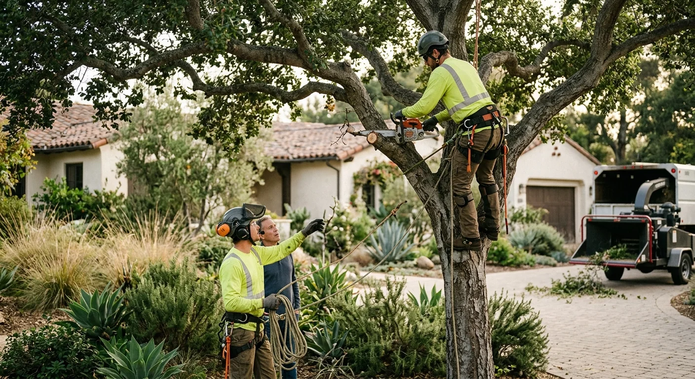 Arborist trimming a large canopy tree above a Montecito residential property