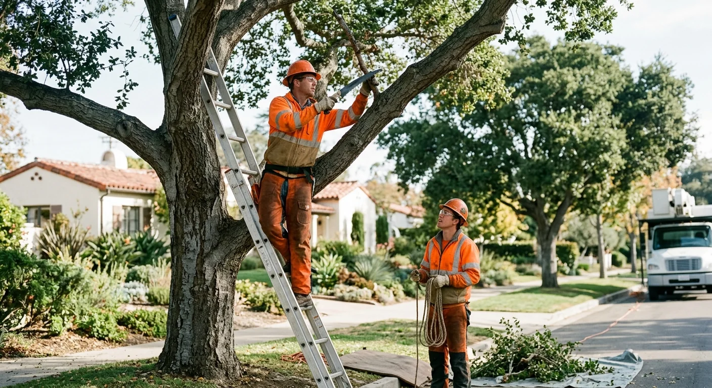 Arborist trimming a mature oak canopy above a Montecito home in early morning light