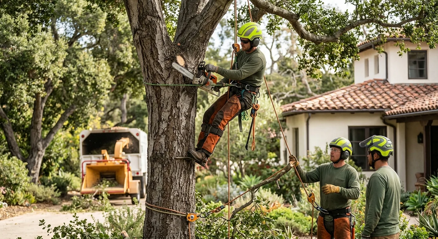 Arborist trimming oak canopy above a residential yard in Montecito neighborhood