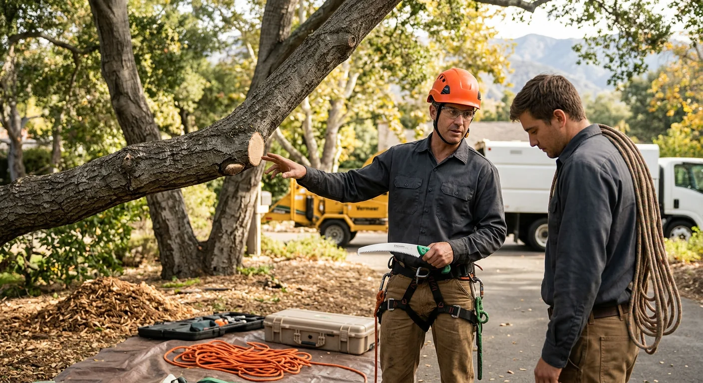 Arborist shaping a mature oak canopy at a Montecito hillside property