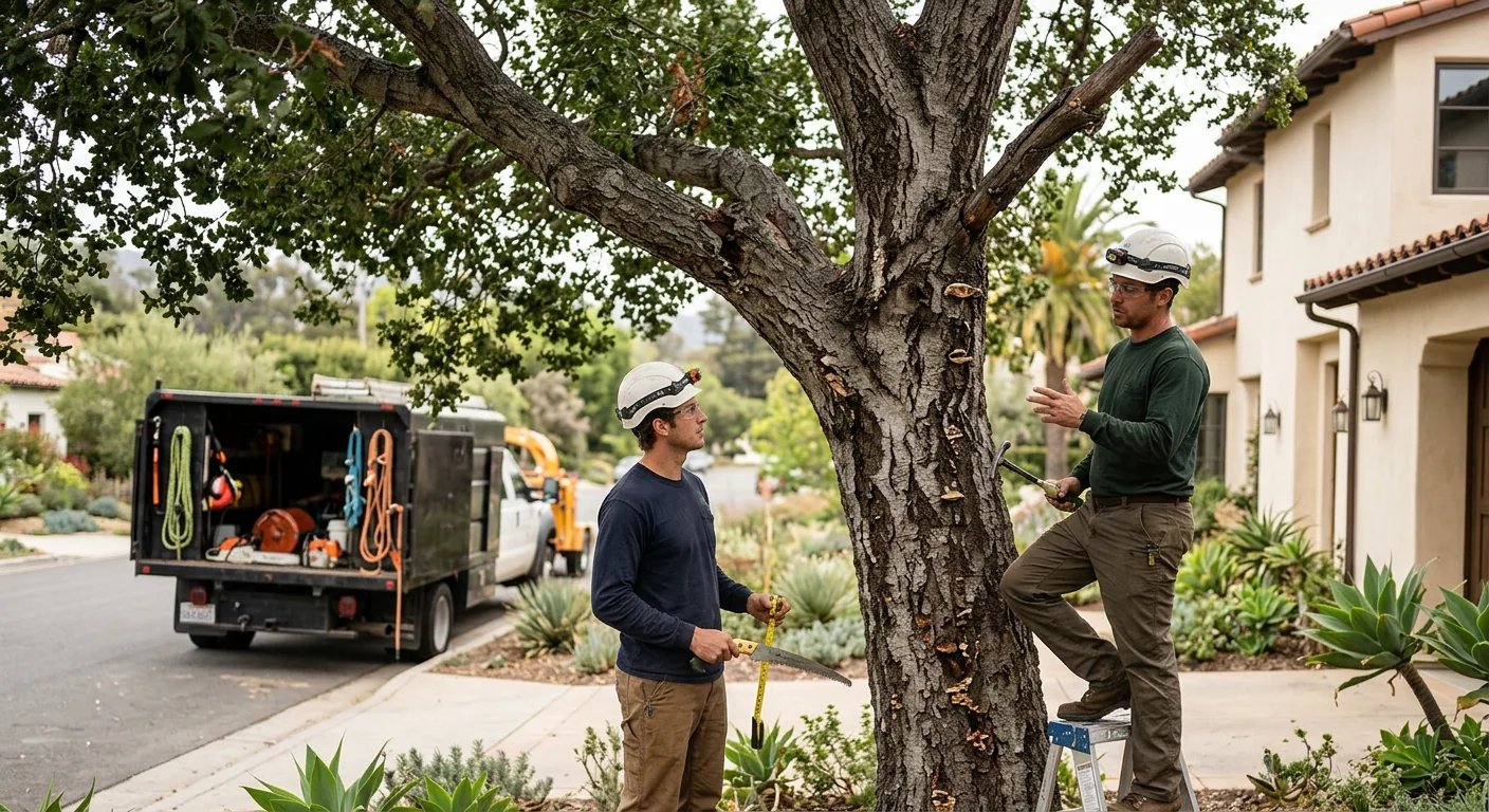 Overgrown branches leaning toward a Montecito home roofline before trimming