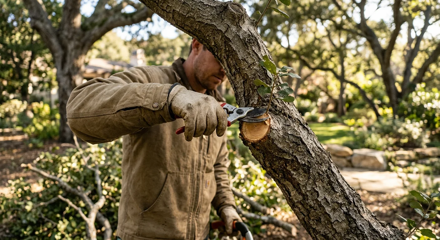 Deadwood and crossing limbs marked for pruning on a mature tree