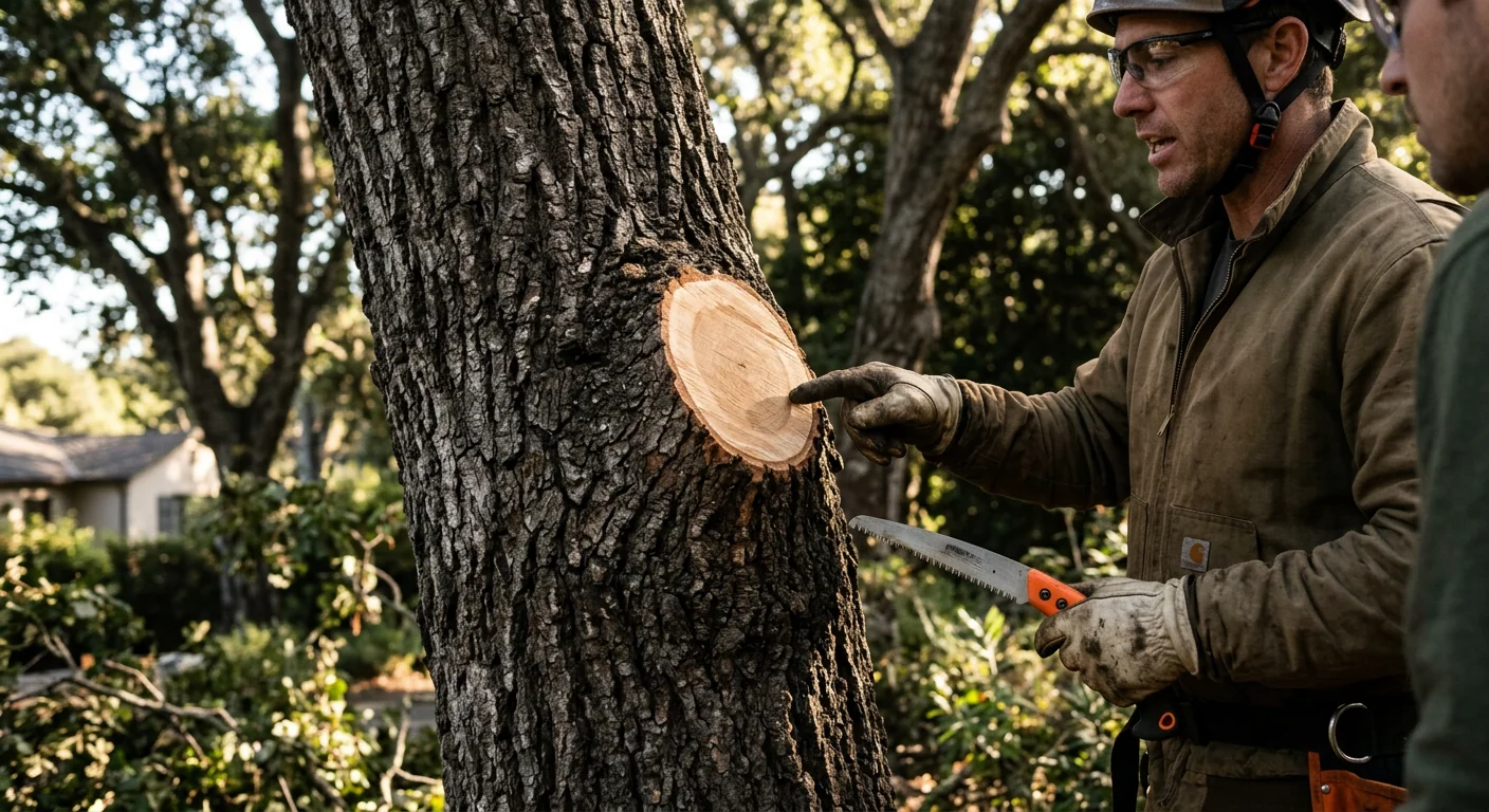 Close-up of clean pruning cut at the branch collar on a mature oak