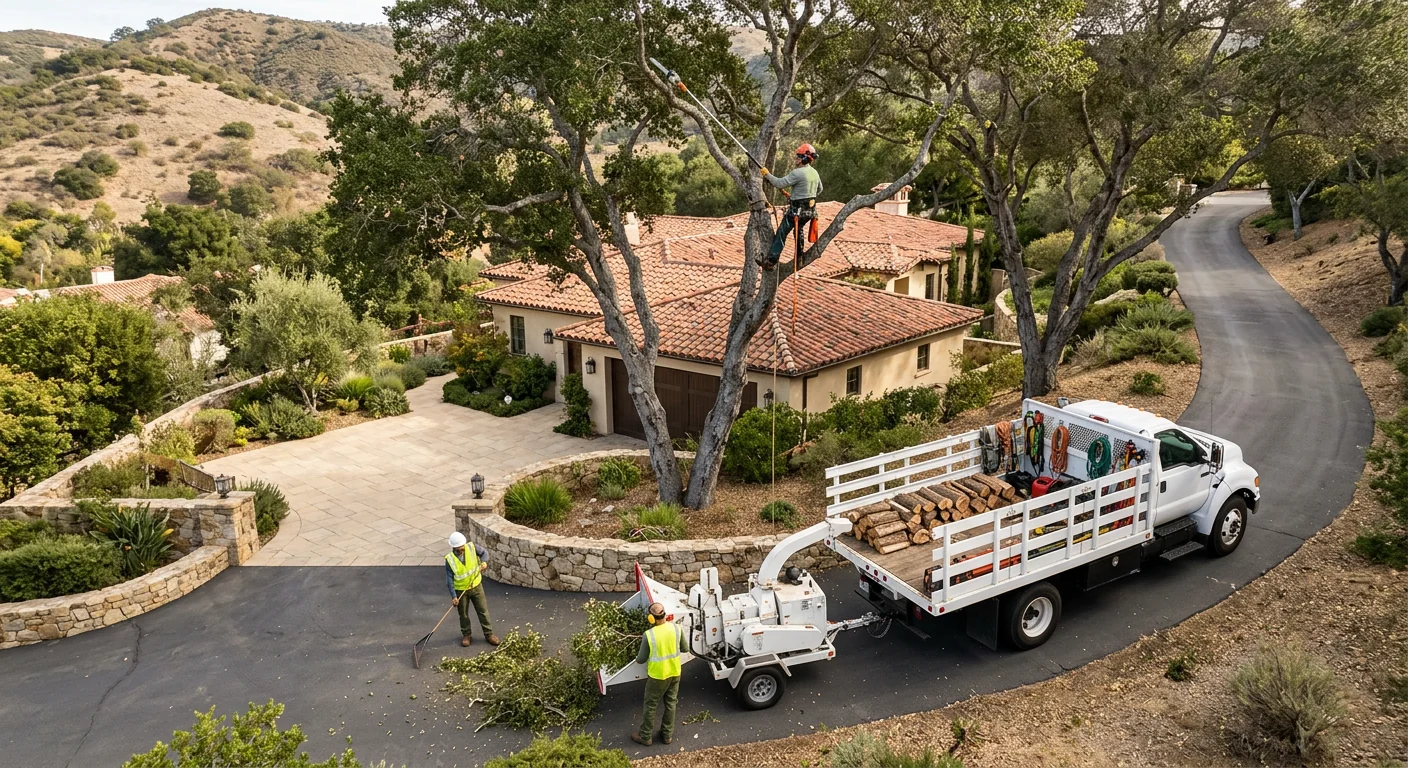 Wide shot of thinned canopy over a hillside Montecito home after trimming