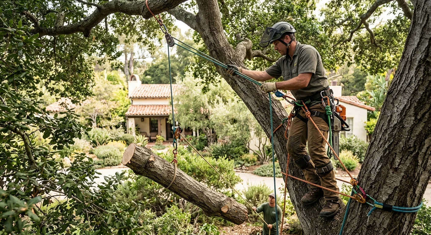 Arborist using ropes and rigging to lower a large limb safely
