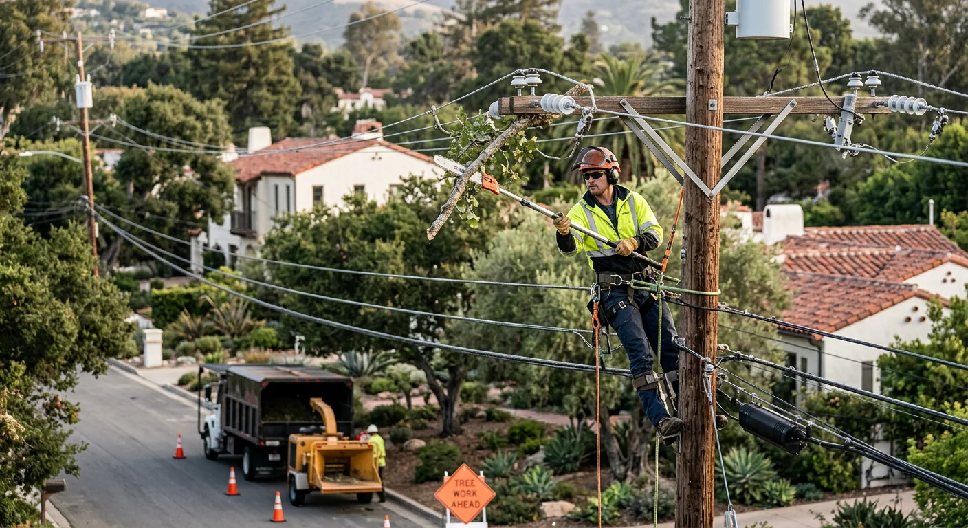 Crew member on a pole saw performing clearance pruning near power lines